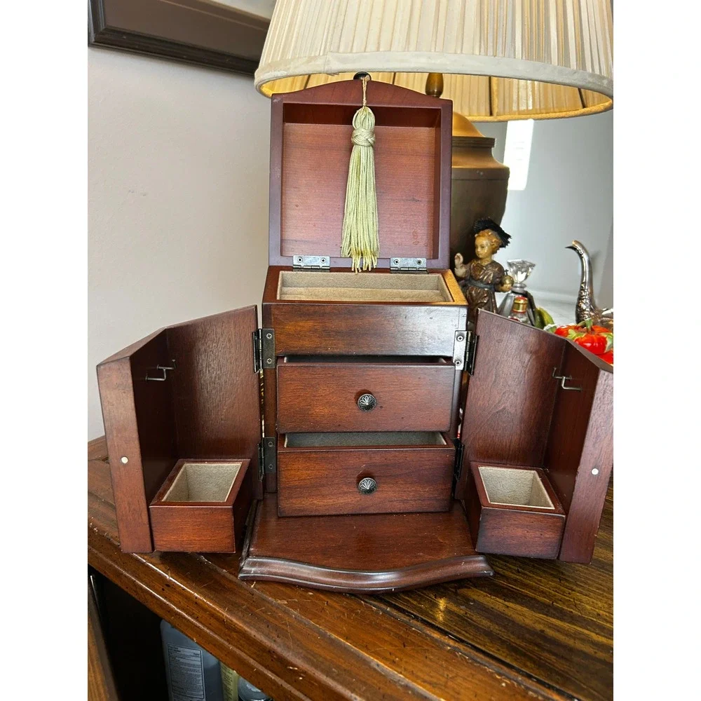 Bombay Vintage Wooden Jewelry Armoire Box Mahogany Finish Tassel Organizer